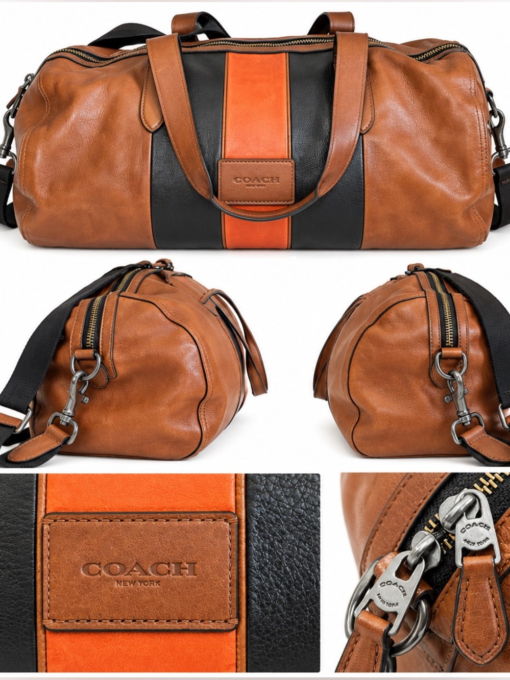 Coach Men’s Brown Leather Duffel with Black & Orange Center Stripe